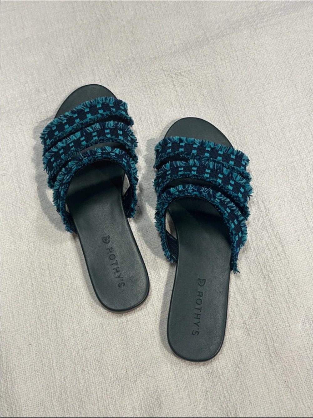 Rothy’s Triple Band Fringe Slide Sandals Blue and Black NIB Size 10
